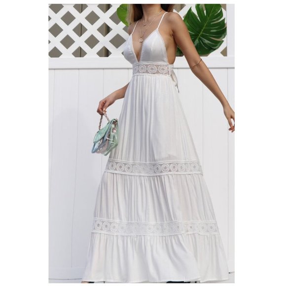 SOLD OUT Boho White Crochet Lace  Maxi Dress - Picture 4 of 7